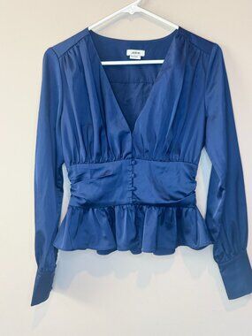 Jason Wu Navy Blue Satin Peplum Blouse Long Sleeve V-Neck Button Front Sz Small